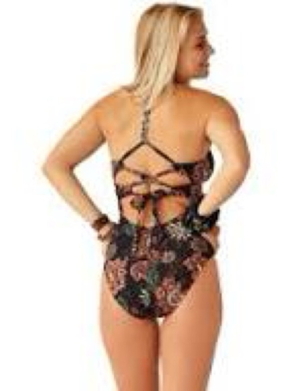 Carve One-Piece Swimsuit  in Black with Rust & Olive Accents Slimming Size 34C - Picture 5 of 5